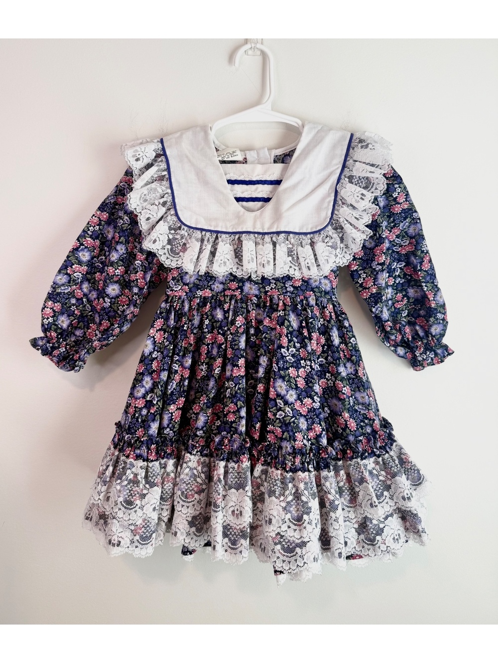 Vintage MiniWorld Girls 3T Navy Floral Prairie Dress Lace Ruffle Cottage Core
